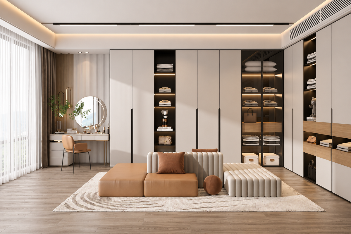 A modern home office or dressing room interior featuring a large built-in wardrobe/closet system with cream and black doors, shelving, and lighting. In the foreground is a low tan ottoman-style seating piece with ribbed cream cushions, a matching rectangular bench, and a round brown accent, all arranged on a light rug over wood flooring.