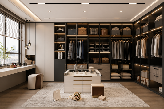 A modern walk-in closet room with dark wood shelving and hanging racks filled with folded and hung garments, a white central console table, a light rug, and a window with blinds on the left.