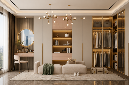 A luxury modern walk-in closet room featuring a beige sectional sofa, a green throw blanket, a built-in vanity desk with a round mirror, and gold-framed walk-in closets filled with clothing and storage boxes.