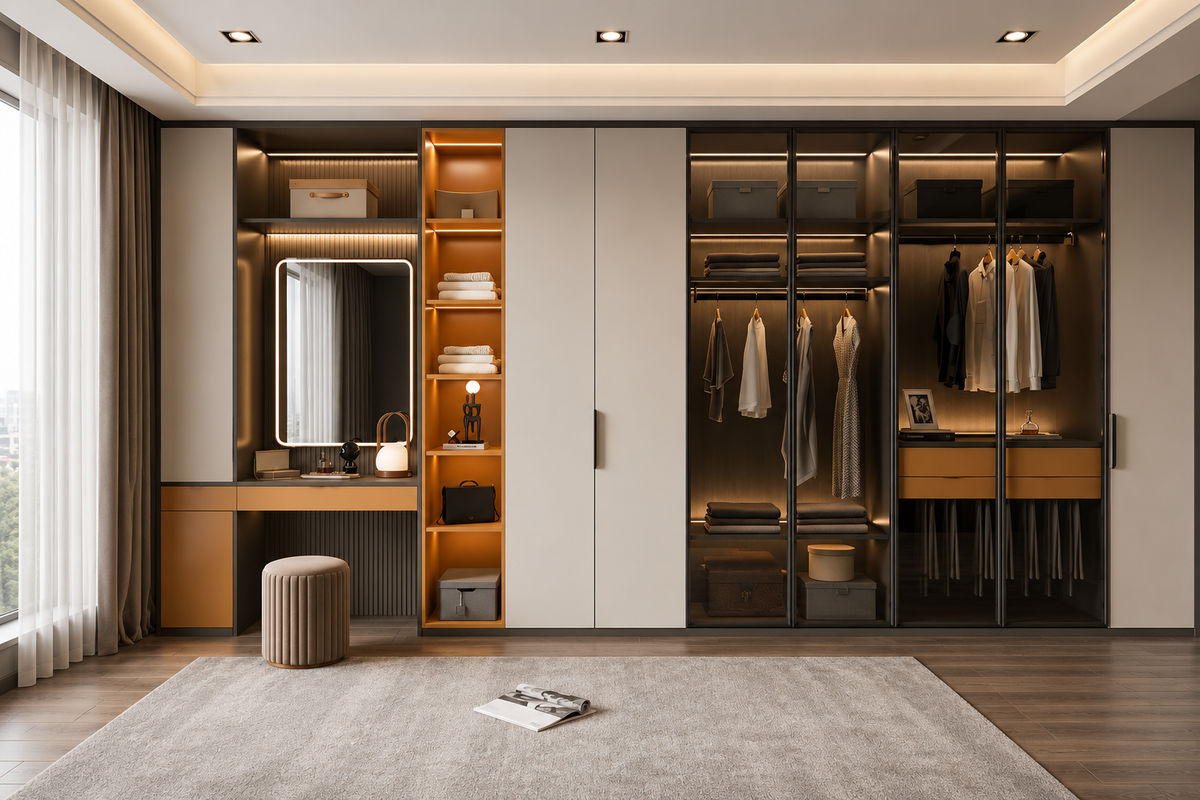 A modern walk-in closet system in a styled bedroom or home interior, featuring light beige sliding doors, dark wood-framed glass compartments, warm wood shelving, built-in vanity lighting, hanging rods with garments, and a round ribbed ottoman on a light rug.
