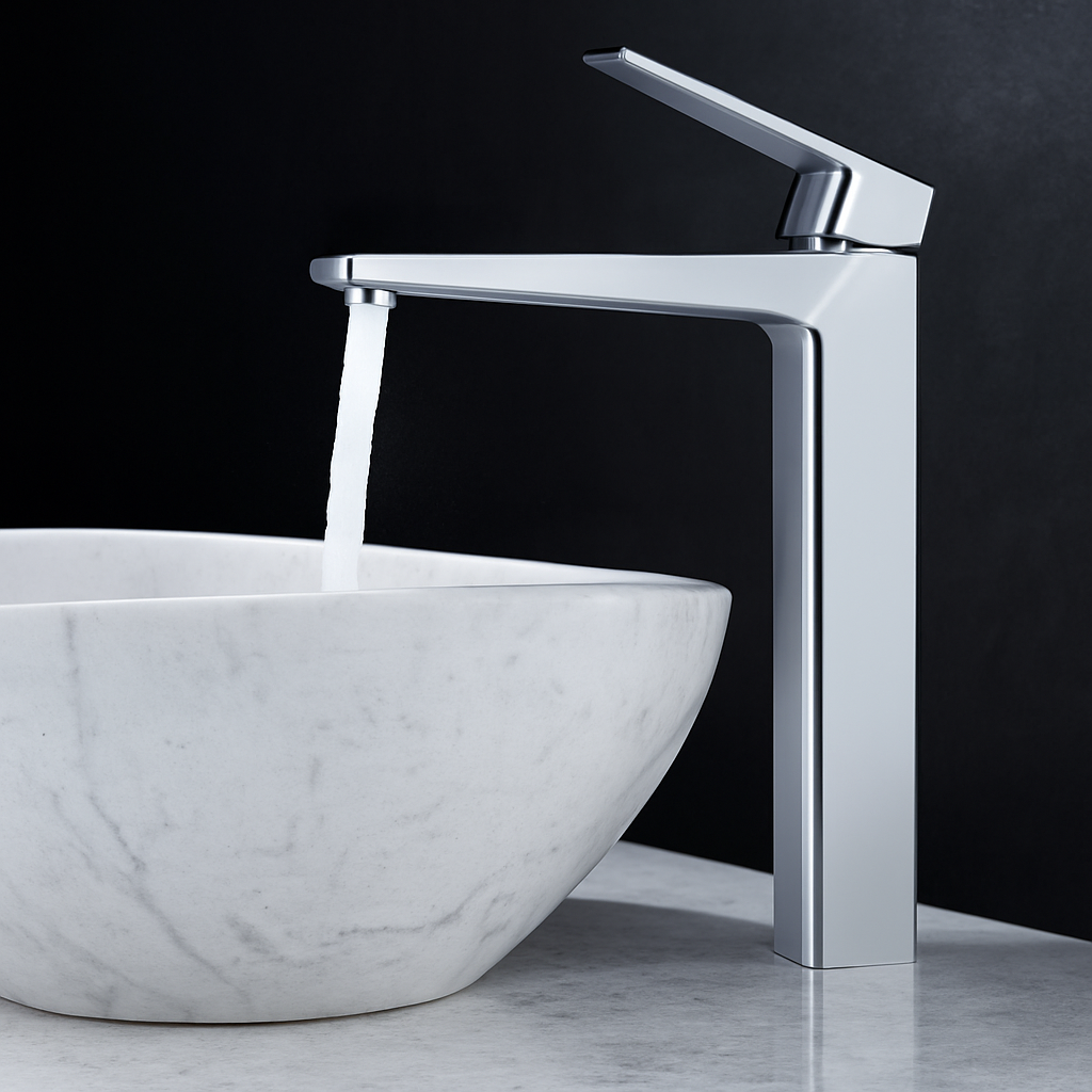 Chrome tall faucet pouring water into marble bowl basin