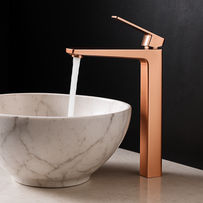 Rose-Gold finish modern faucet with contemporary vessel sink