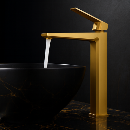 Gold tall modern countertop faucet with luxury black vanity