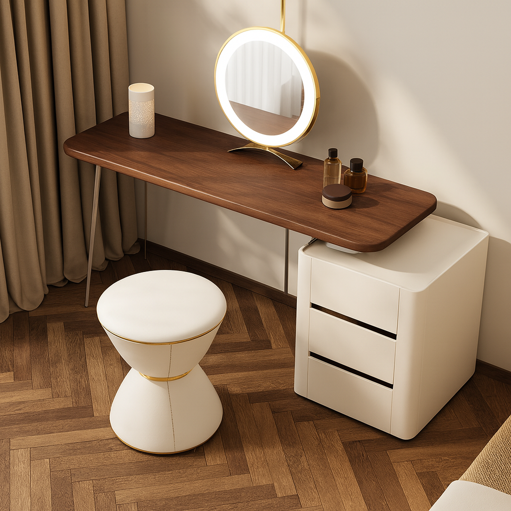 Dressing table with mirror, stool, and small cabinet in a room setting.
