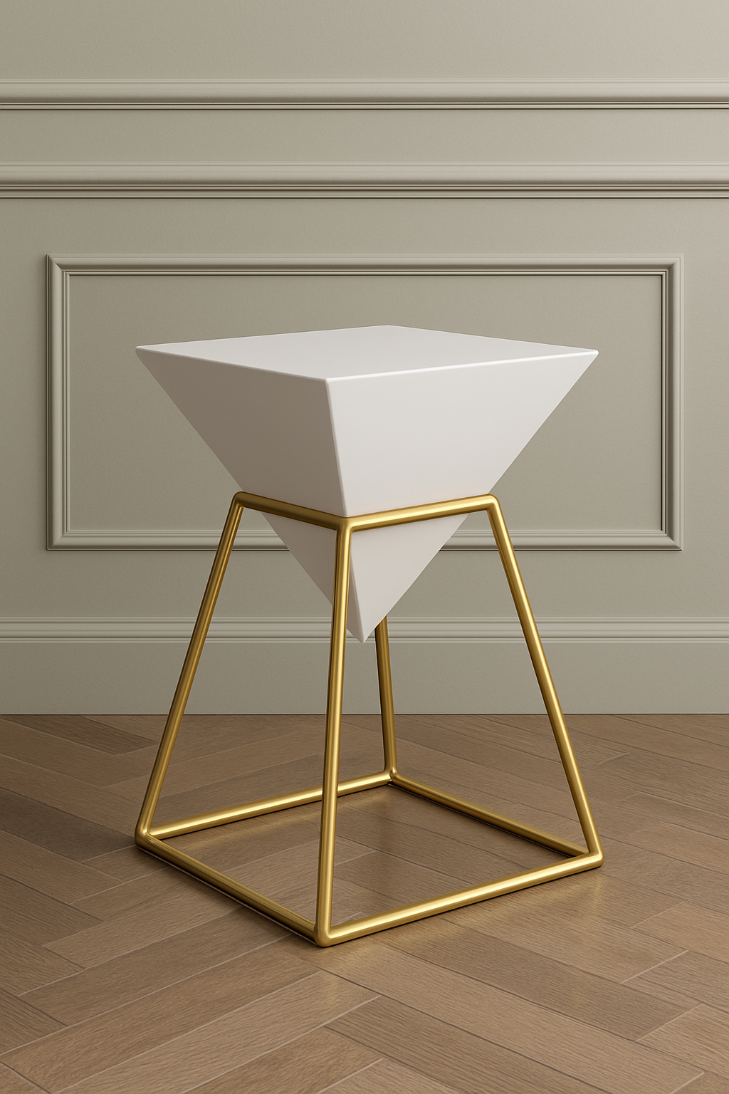 White geometric end table with gold legs against a gray wall.