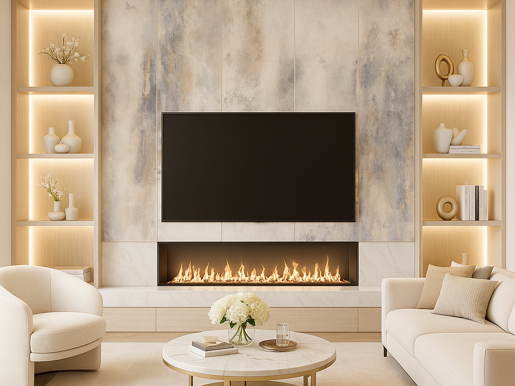 Ultra HD Venetian plaster wall panels with seamless design on a TV feature wall. Modern and elegant. 