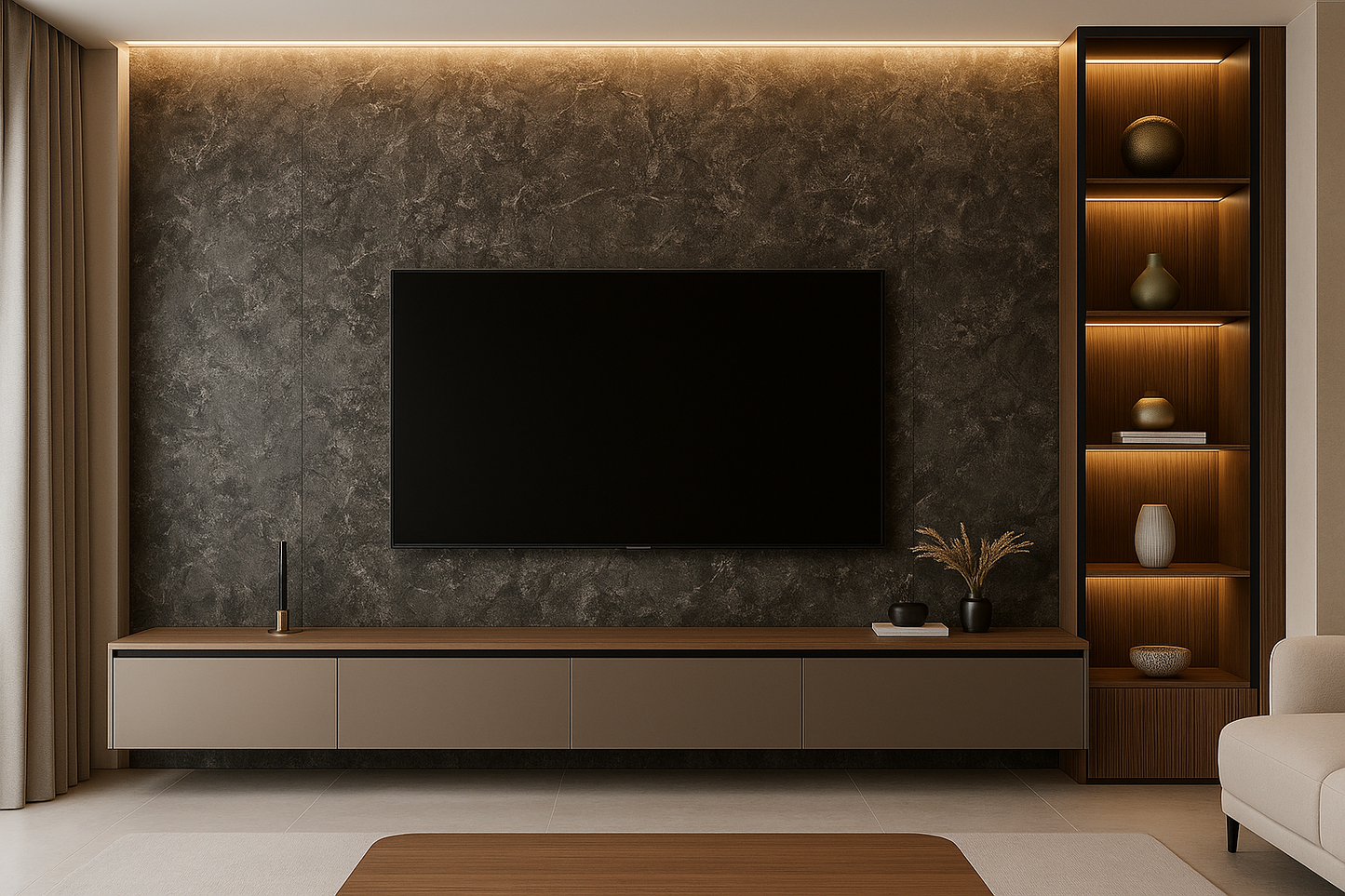 Ultra HD Venetian plaster wall panels with seamless design on a feature TV wall.