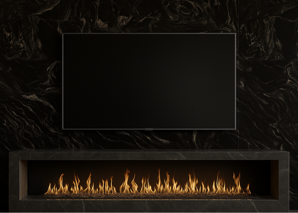 High-definition black stone feature wall with seamless installation in a contemporary space.