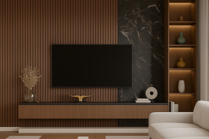 High-definition black stone feature wall with seamless installation in a contemporary entertainment room TV wall.