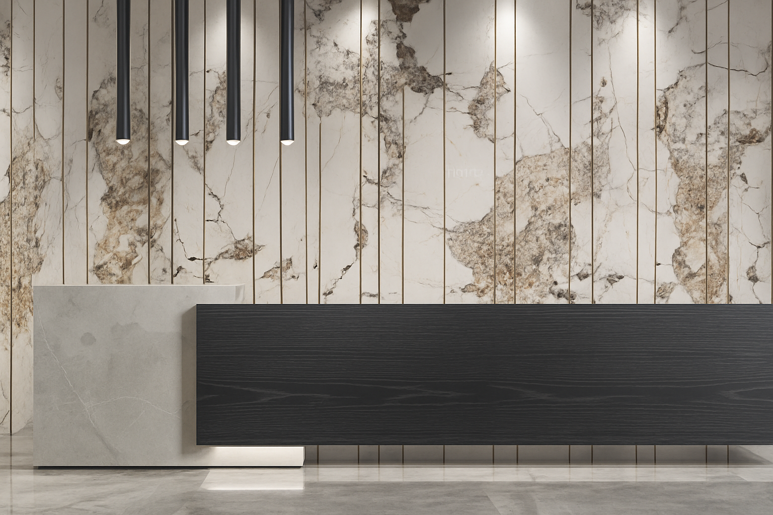 Ultra HD neutral stone wall panels installed behind a contemporary reception desk in a luxury office or hospitality lobby
