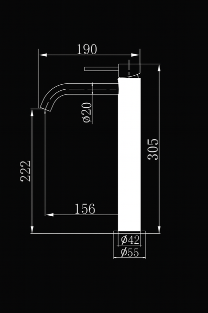 Technical drawing of a faucet with dimensions on a black background