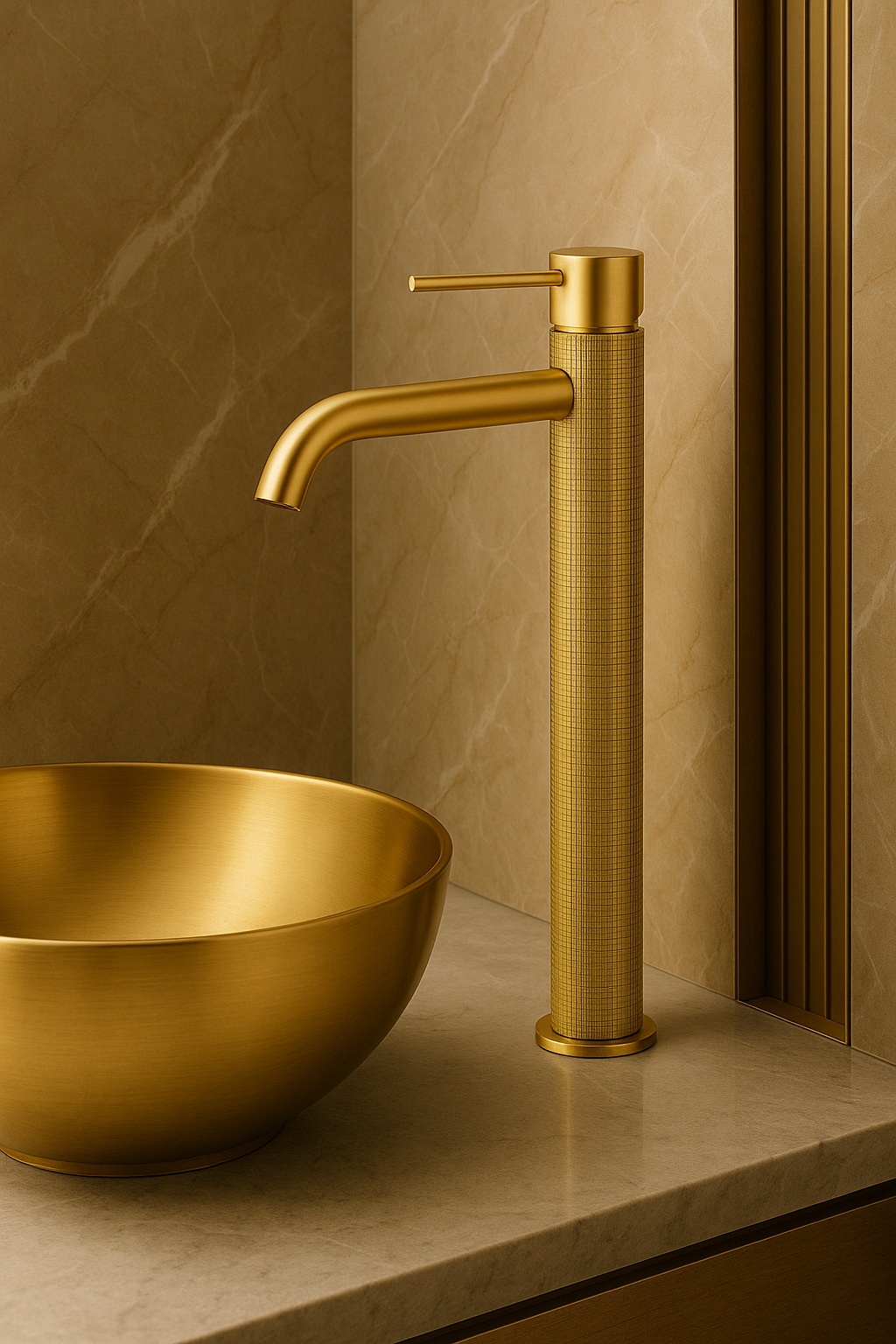 Brushed Gold Bathroom Faucet. High-End Countertop Design