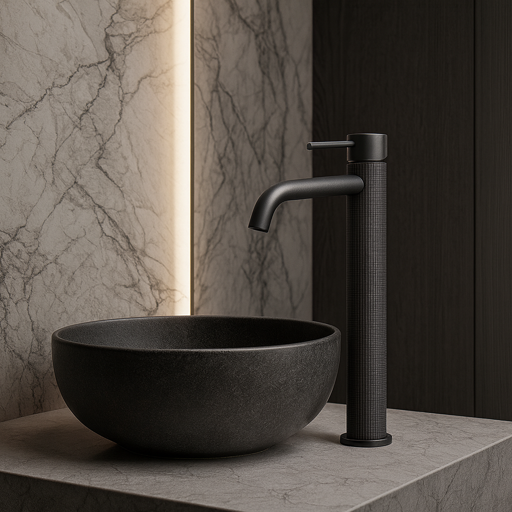 Gunmetal Faucet; Premium Textured Column with Vessel Sink