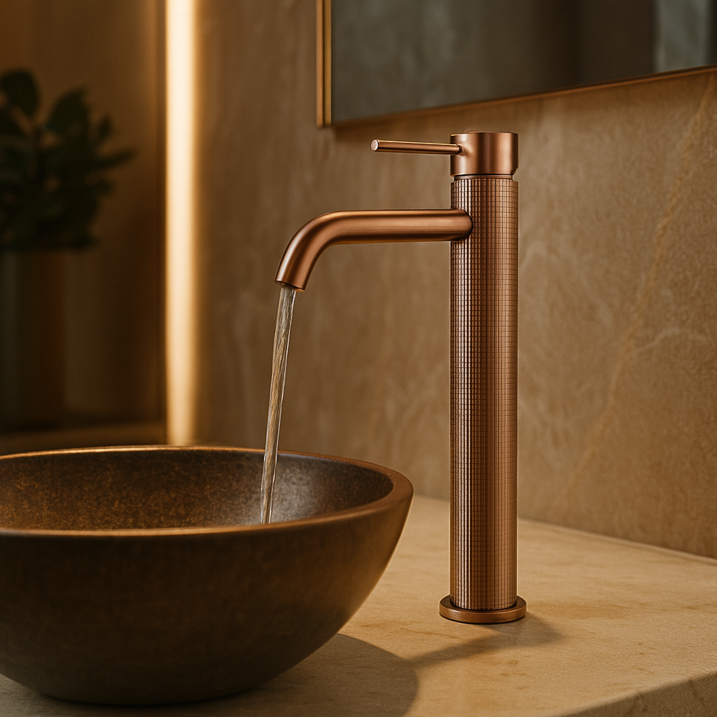 Rose Gold Bathroom Faucet Installed with Stone Basin – Modern Luxury