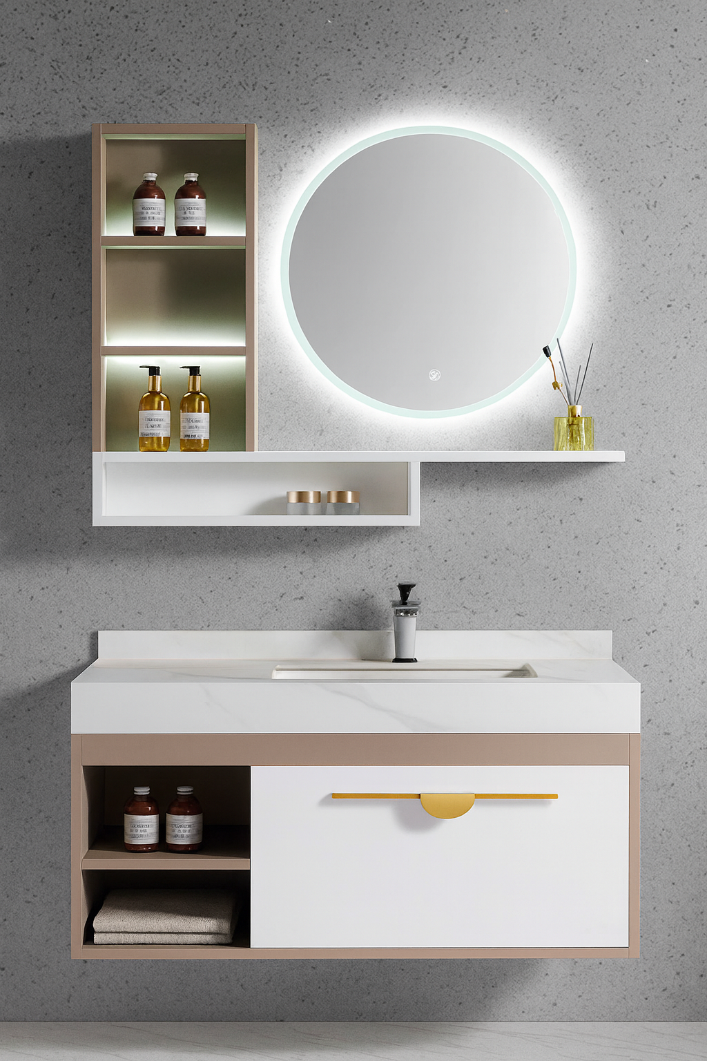 Valtea wall-mounted vanity with beige framing, white integrated basin, open side shelving, LED round mirror, and upper wall cabinet – SAIBA Homes.