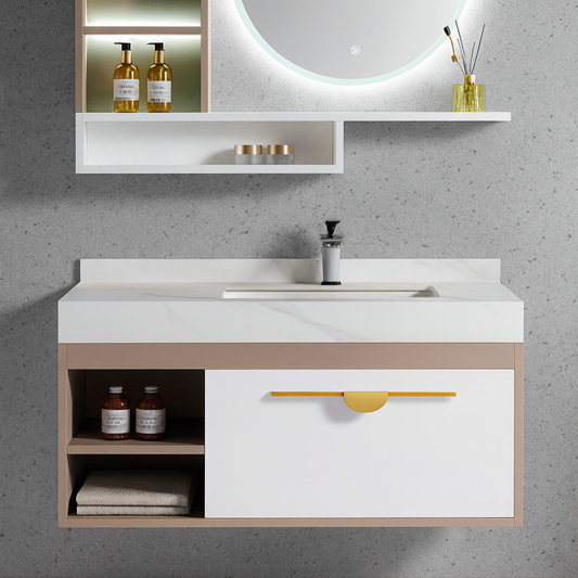 Bathroom vanity illuminated wall cabinet shelving. Beige-framed open storage compartments.