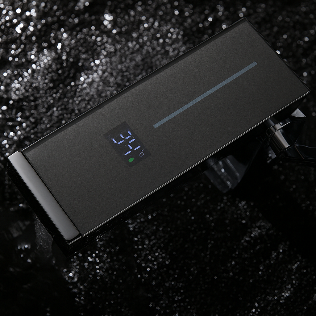 Close-up of digital temperature screen on Valtrix smart faucet top panel