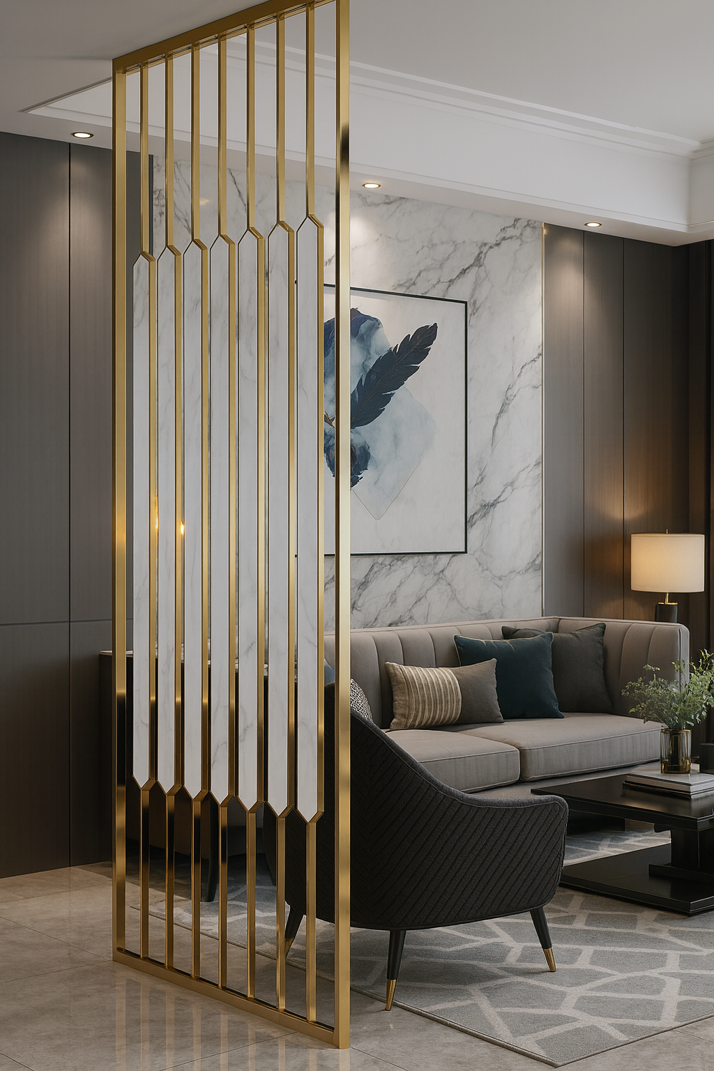 Gold linear room divider with vertical fluted acrylic panels in a modern living room.