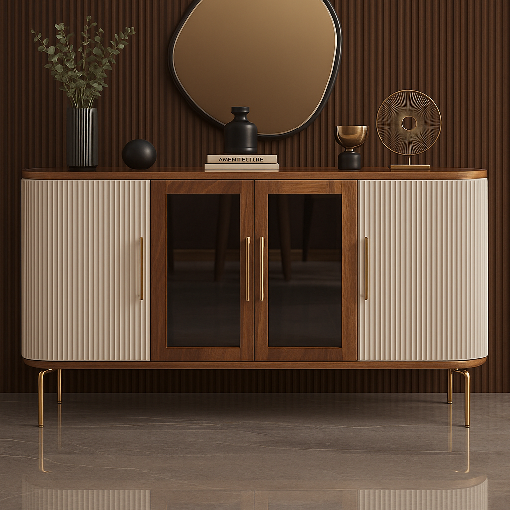 Wooden console with fluted detail and decorative items against a brown wall