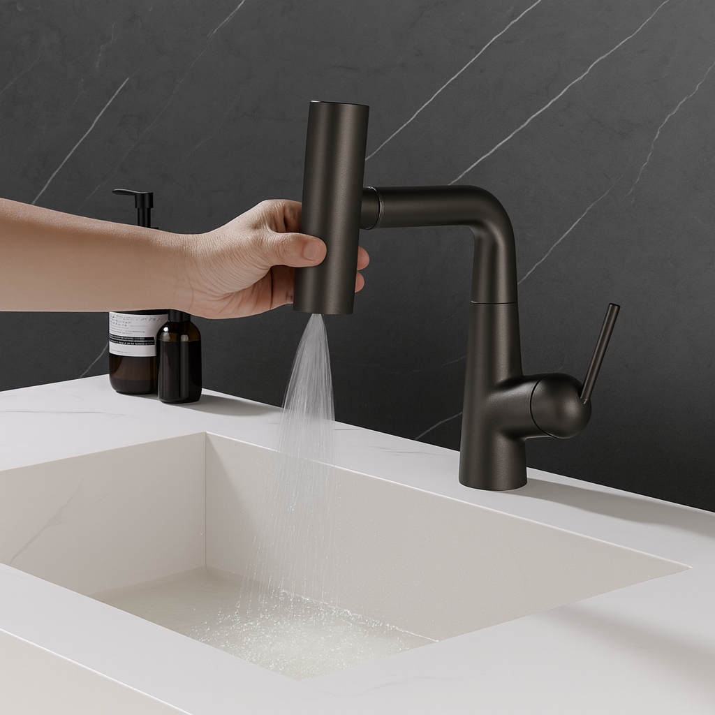 Varis pull-out solid brass bathroom faucet in gunmetal gray beside modern vessel sink