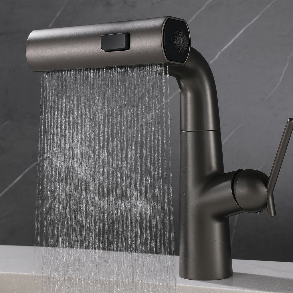 Close-up of Varis faucet waterfall mode showing wide stream over the sink