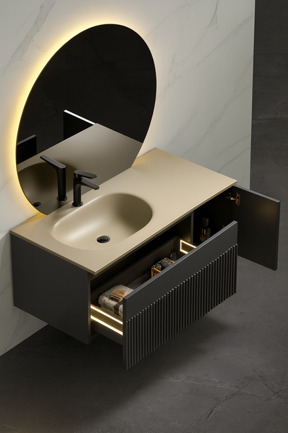 Bathroom Vanity Drawer interior with LED perimeter lighting and organized storage compartments