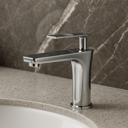 Modern minimalist chrome bathroom faucet installed.