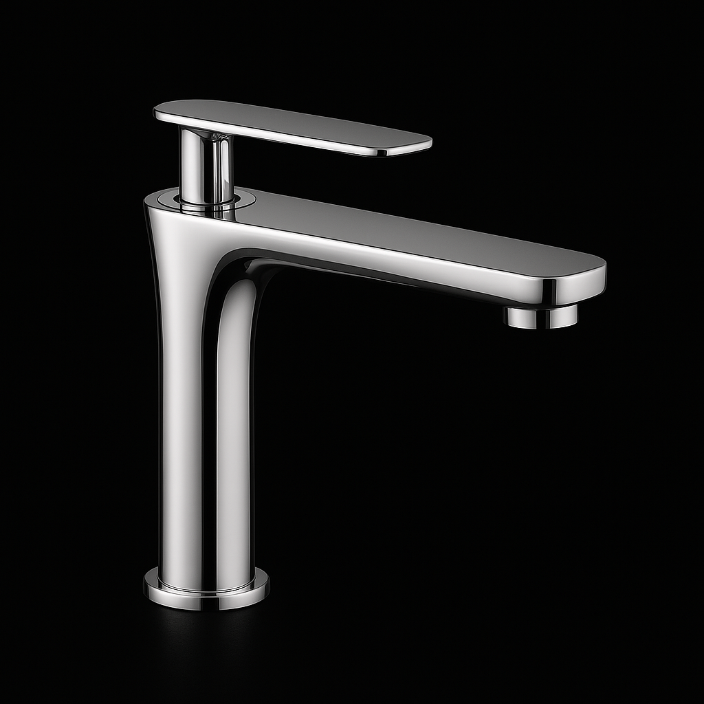 Modern minimalist chrome bathroom faucet.