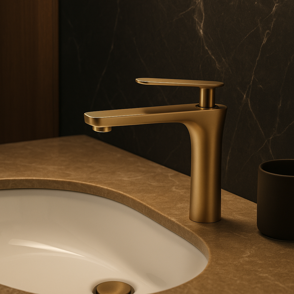 solid brass gold faucet in modern bathroom