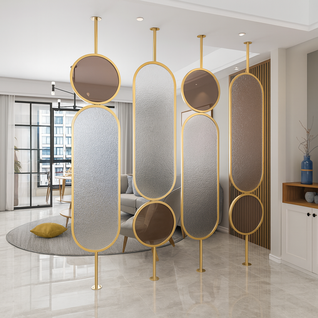 Luxury glass and gold room divider featuring elongated oval panels and artistic round inserts by SAIBA Homes