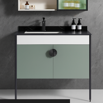 Fluted glass upper cabinet with internal LED lighting showcasing toiletries