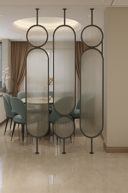 Luxury ceiling-mounted room divider with rounded panels and soft light diffusion