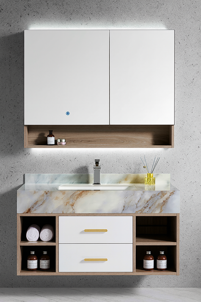 Floating vanity with white drawers, oak-frame shelving, and marble-inspired countertop