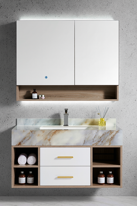 Floating vanity with white drawers, oak-frame shelving, and marble-inspired countertop