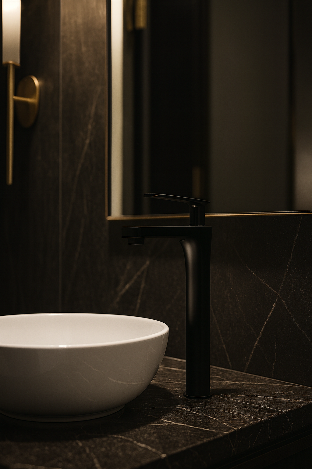 Black Veynor Tall Faucet installed with dark stone countertop – modern luxury style