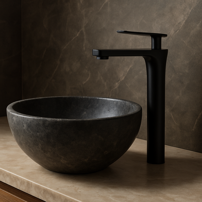Black Veynor Tall Faucet installed with dark stone countertop – modern luxury style