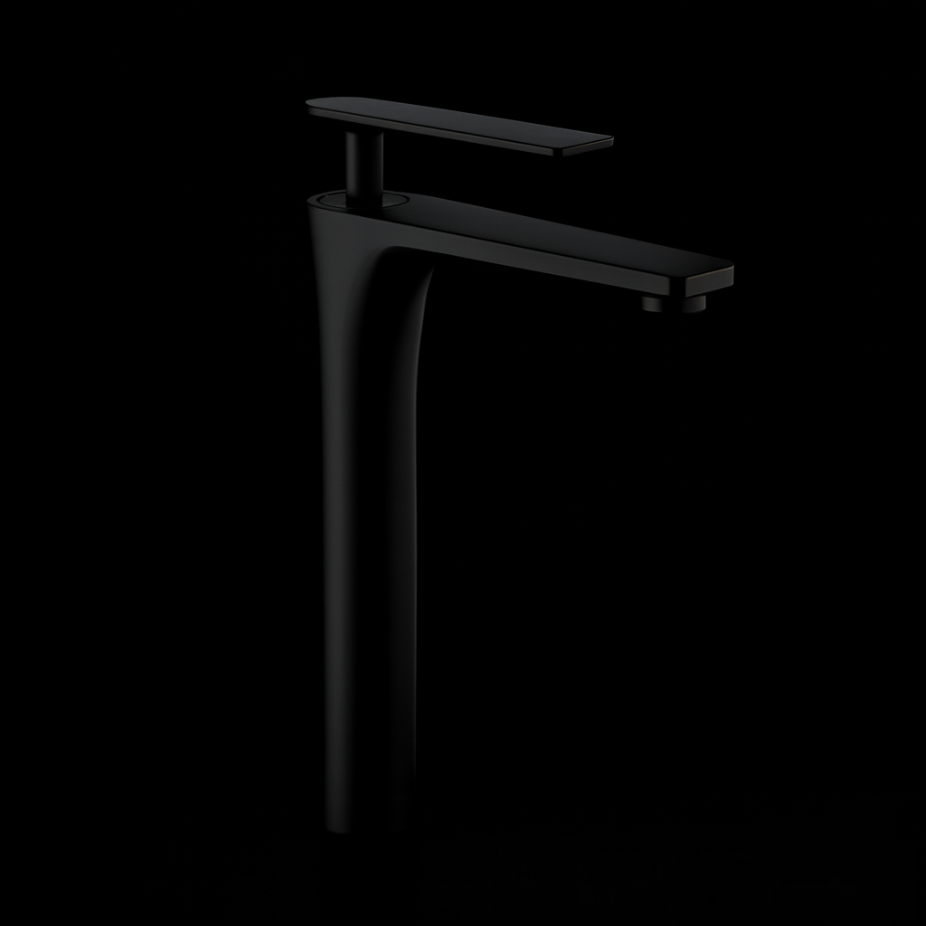 Close-up of Veynor Tall Bathroom Faucet –  Black – single lever and spout detail