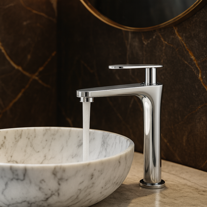 SAIBA Veynor Tall Vessel Faucet – Chrome Finish. Modern bathroom on marble countertop