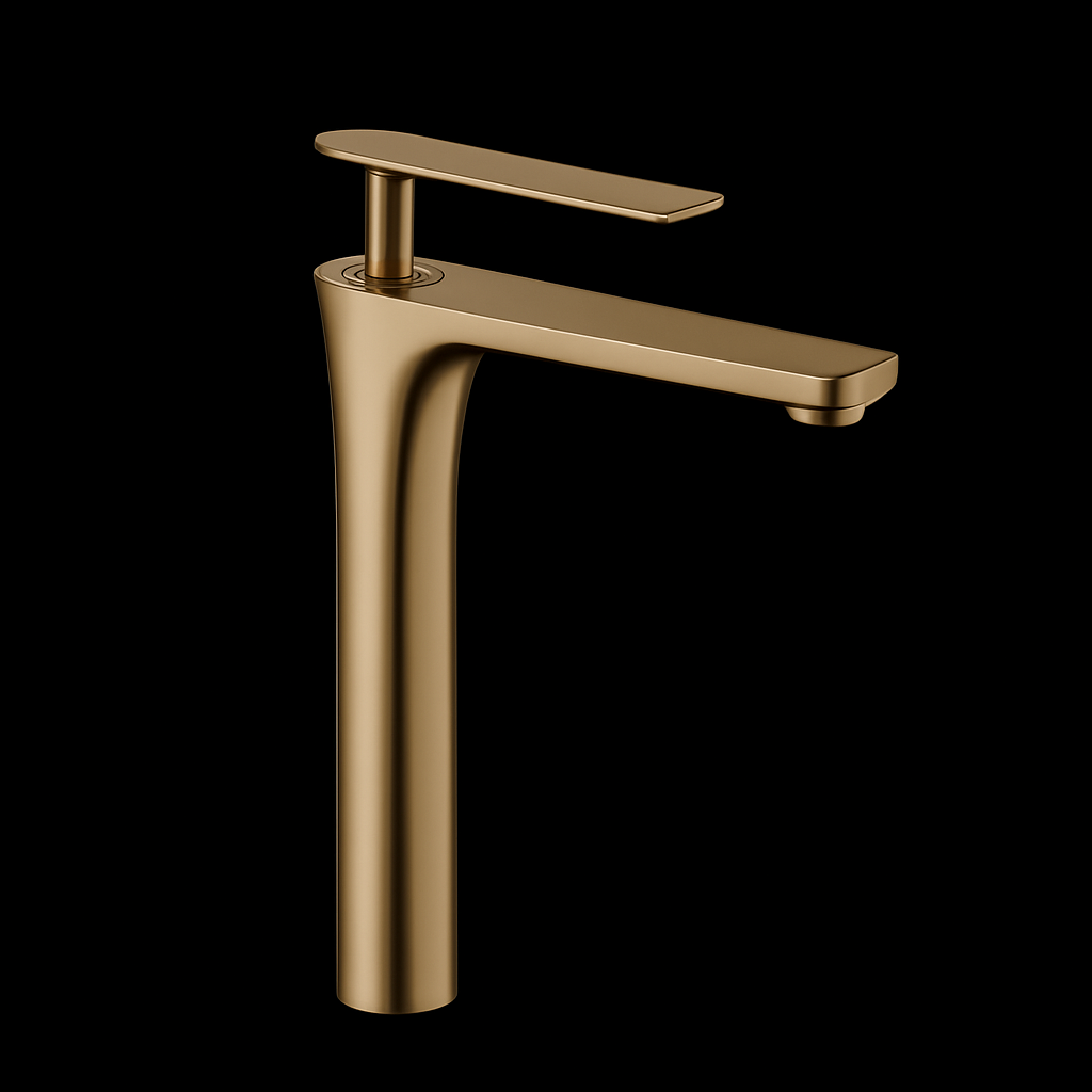 Close-up of Veynor Tall Bathroom Faucet – Gold – single lever and spout detail