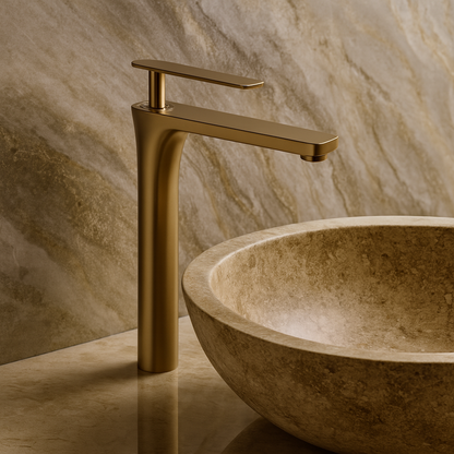 SAIBA Brushed Gold Tall Vessel Faucet with stone bowl sink in luxury bathroom