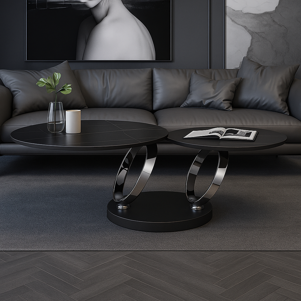 Modern living room with a gray sofa, unique luxurious coffee table, and decorative elements.