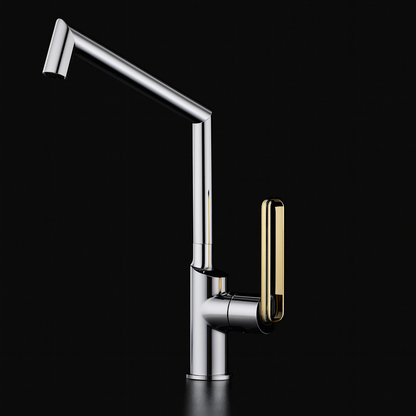 Modern kitchen faucet with gold handle on a black background