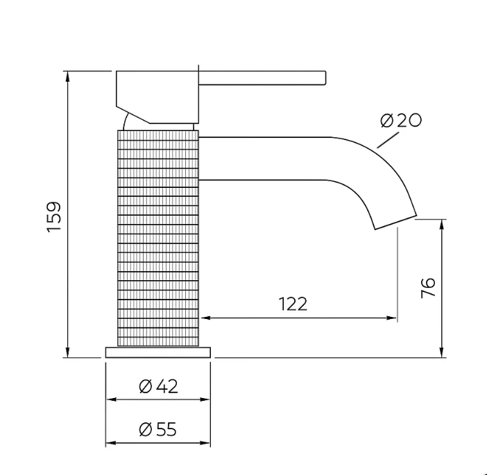 Technical drawing of a faucet with dimensions
