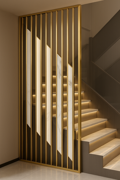 Tall vertical gold-frame partition with marble-look inserts in modern home