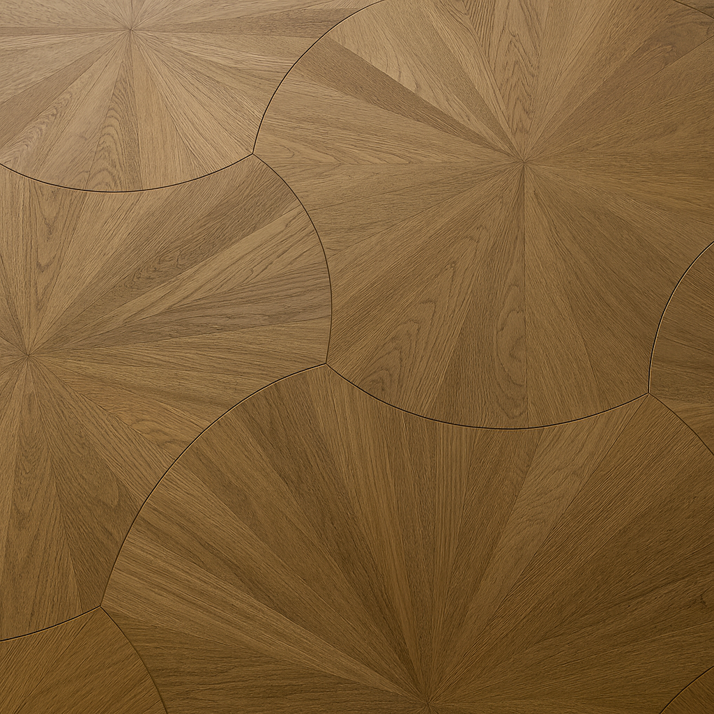 Engineered wood circular-pattern parquet flooring in warm walnut/oak tone. SAIBA Homes
