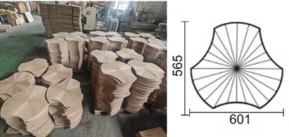 Detailed angle of geometric engineered walnut/oak flooring with circular segments, SAIBA Homes