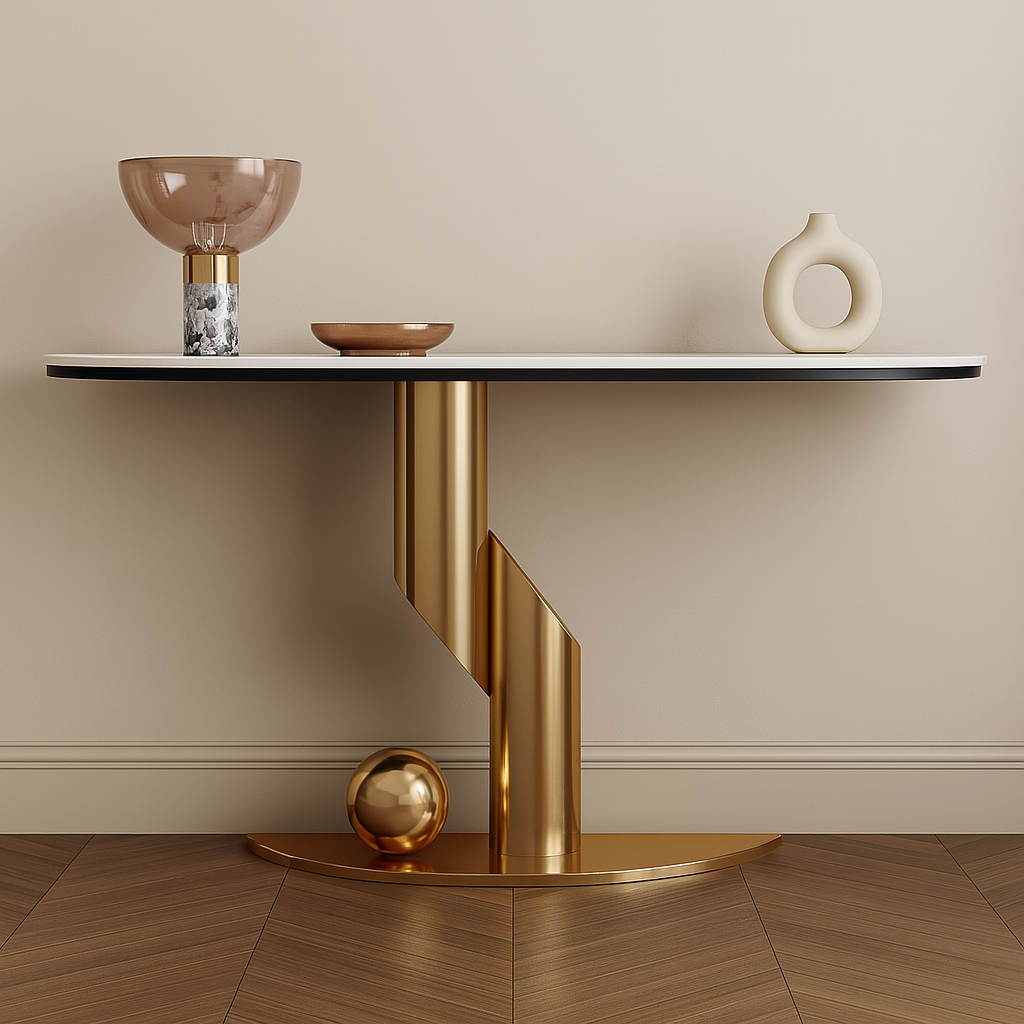 Modern side table with gold spiral leg and decorative items on a neutral background