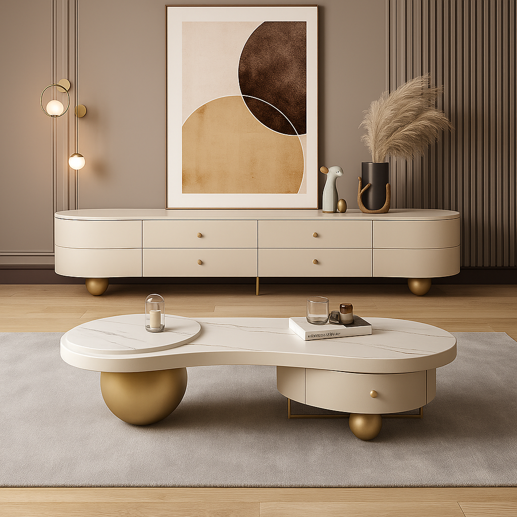 Modern living room with a beige coffee table and dresser, abstract art on the wall.