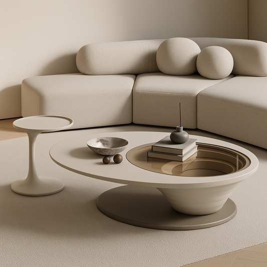 Beige sectional sofa with a modern coffee table and decorative items in a minimalistic living room.