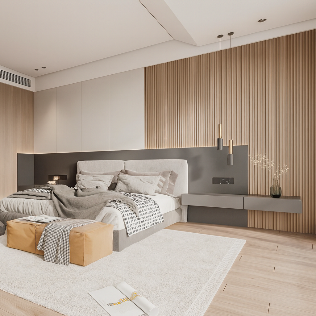 Bedroom with warm-toned wood-grain fluted accent wall and integrated lighting. SAIBA Homes